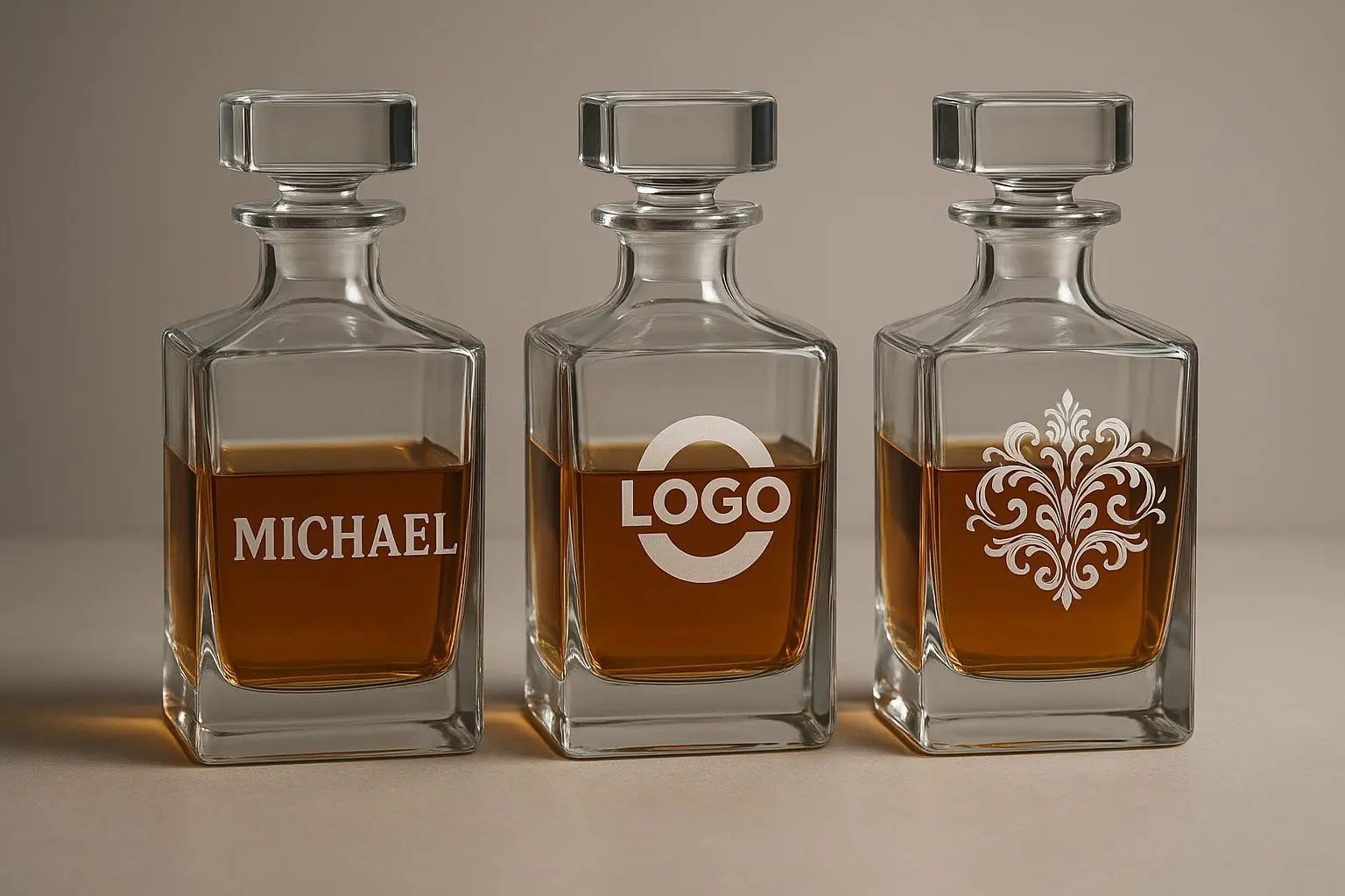 trois carafes à whisky personnalisées en verre transparent avec gravure de nom, logo et motif décoratif