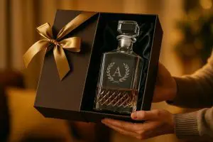 carafe à whisky personnalisée gravée avec une initiale A entourée d’un motif laurier, présentée dans un coffret cadeau marron avec ruban doré