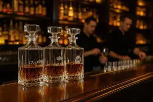 carafes à whisky personnalisées avec logo gravé alignées sur un comptoir de bar haut de gamme