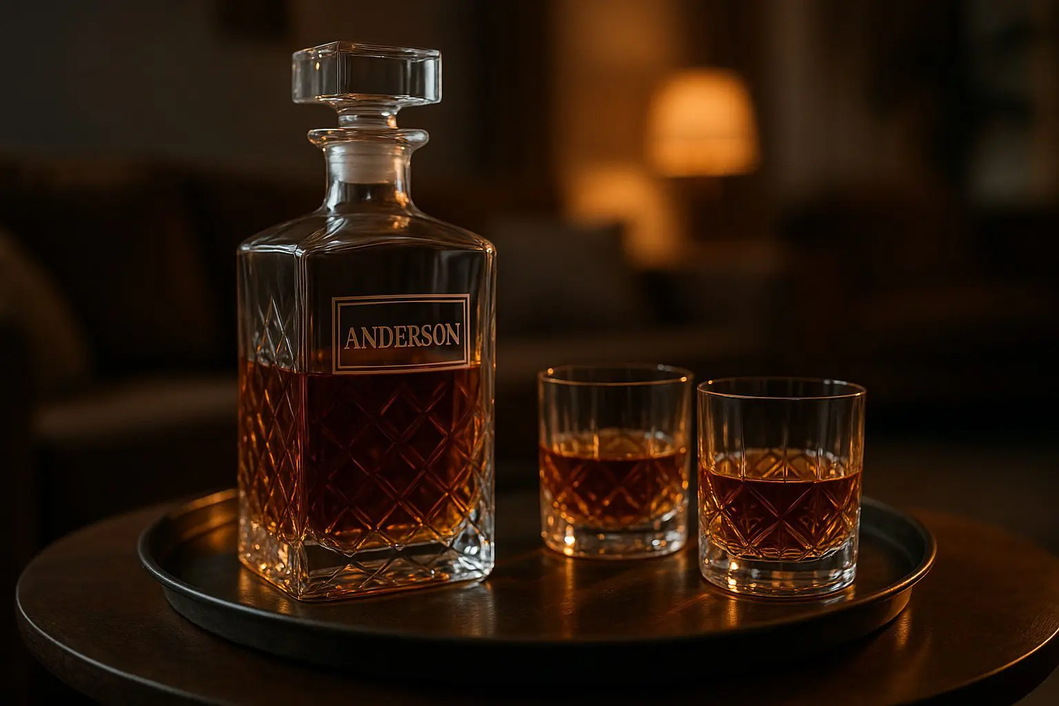 carafe à whisky personnalisée en verre taillé avec gravure du nom Anderson et deux verres assortis sur un plateau dans une ambiance chaleureuse