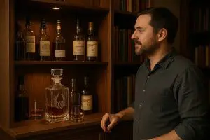 amateur de whisky admirant sa carafe personnalisée gravée posée sur une étagère en bois avec plusieurs bouteilles de collection