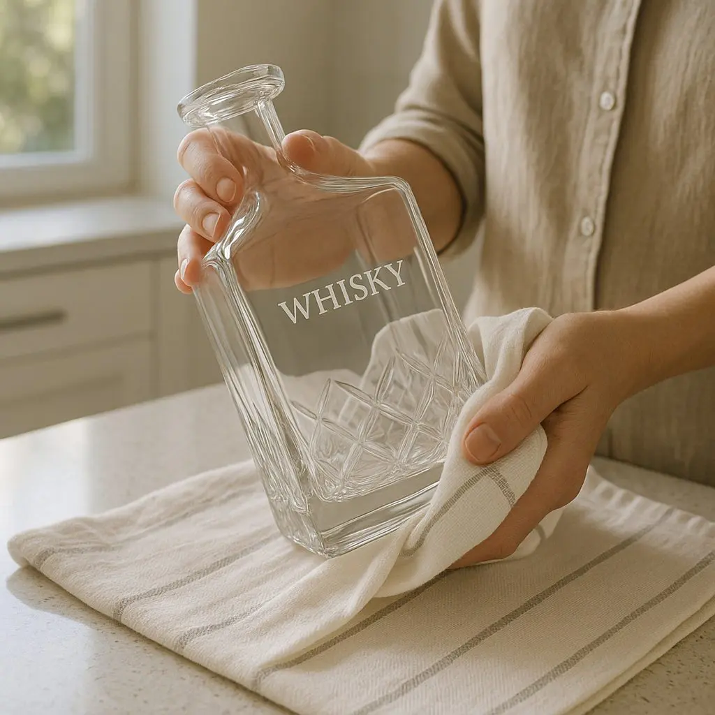 carafe à whisky en verre cristal sans plomb essuyée à la main avec un chiffon dans une cuisine lumineuse