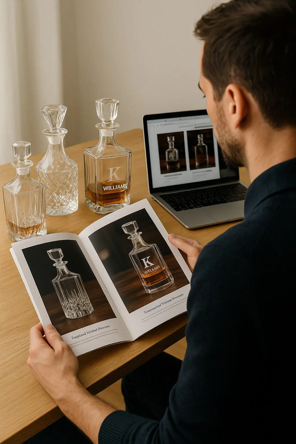 homme consultant un catalogue et un site en ligne pour choisir une carafe à whisky personnalisée en cristal