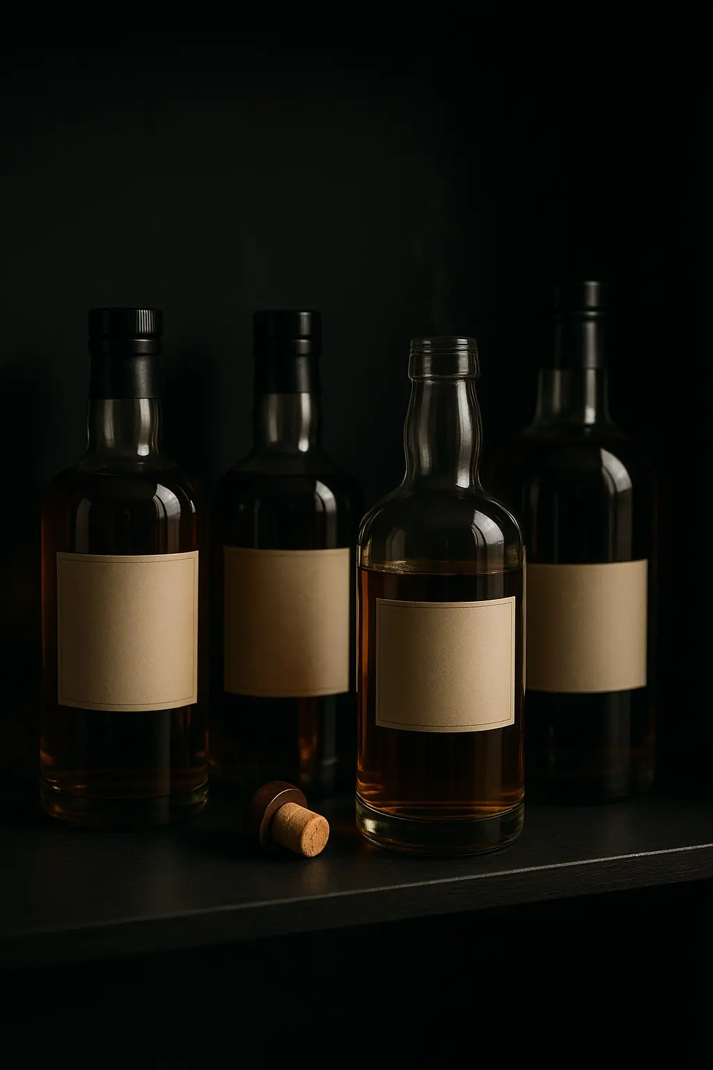 plusieurs bouteilles de whisky partiellement pleines avec bouchon posé illustrant la conservation après ouverture