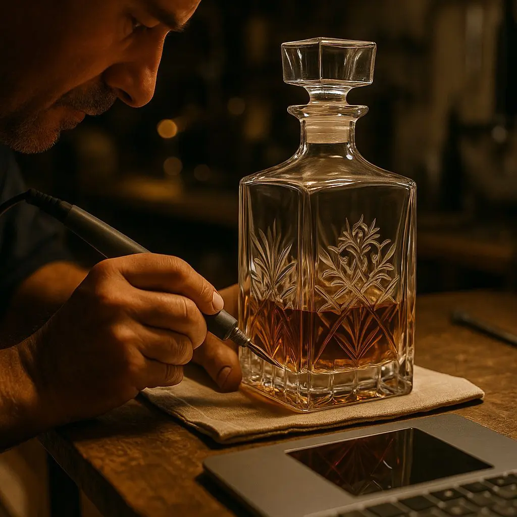 artisan gravant une carafe à whisky personnalisée en verre à la main avec précision avant validation finale