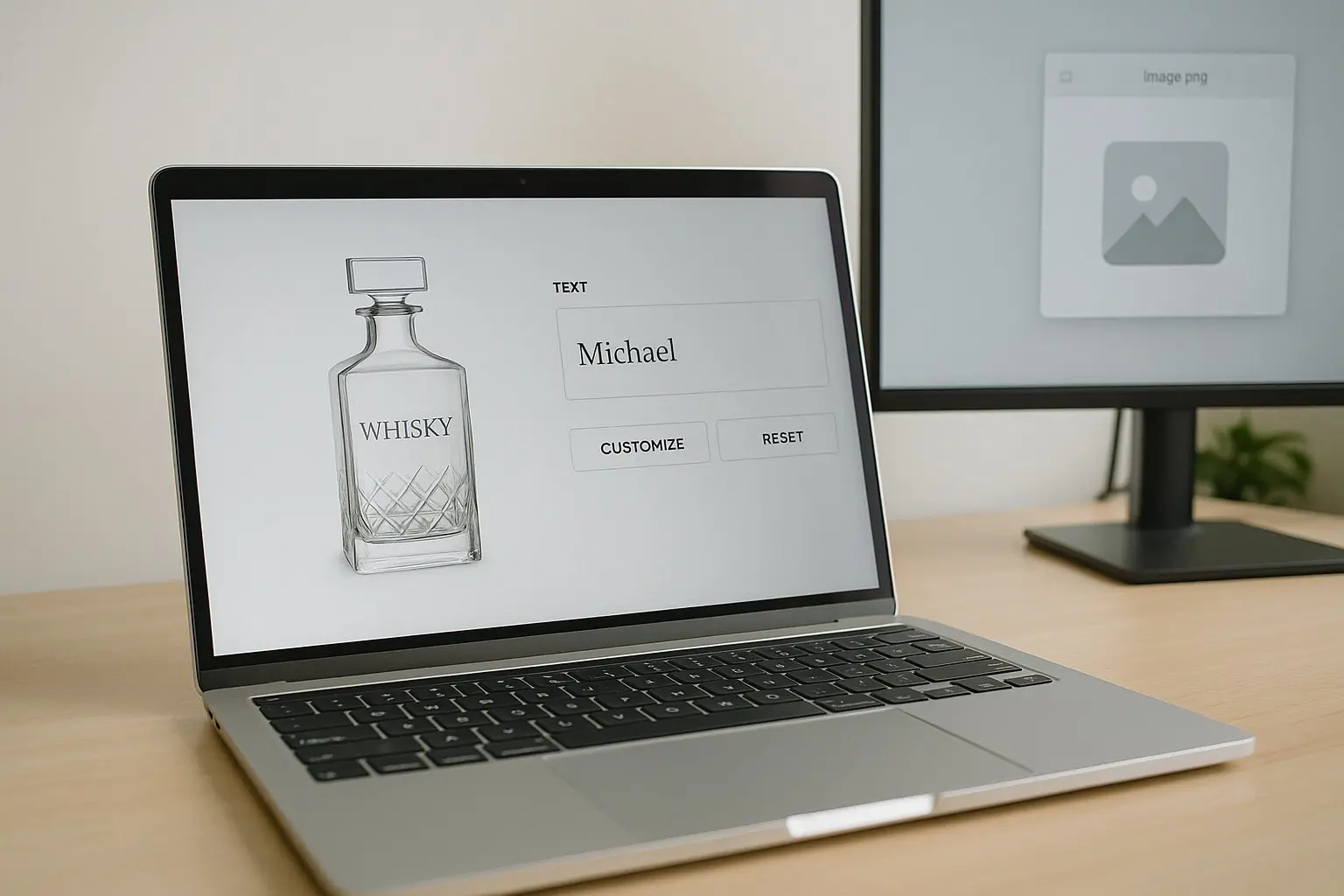 interface en ligne sur ordinateur portable permettant de personnaliser une carafe à whisky avec un prénom ou un logo