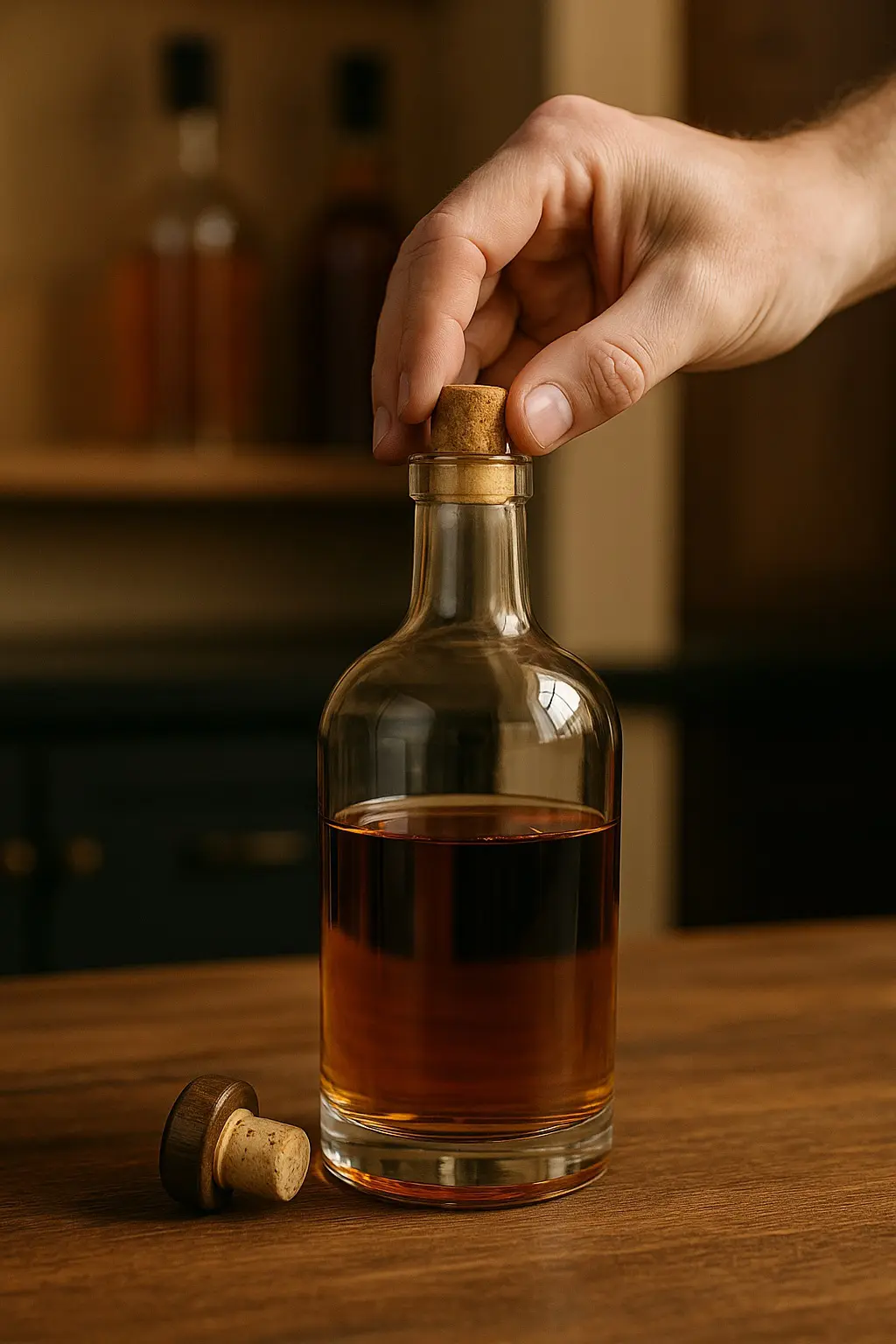 main refermant une bouteille de whisky avec un bouchon en liège pour limiter l’oxydation