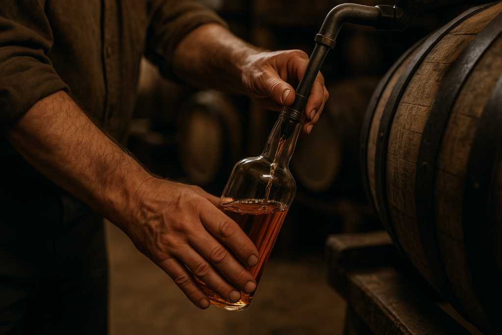remplissage d’une bouteille de whisky directement depuis un fût en chêne