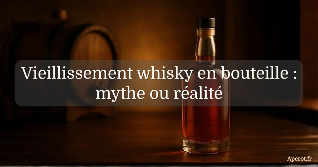 bouteille de whisky posée devant un fût avec le titre Vieillissement whisky en bouteille mythe ou réalité
