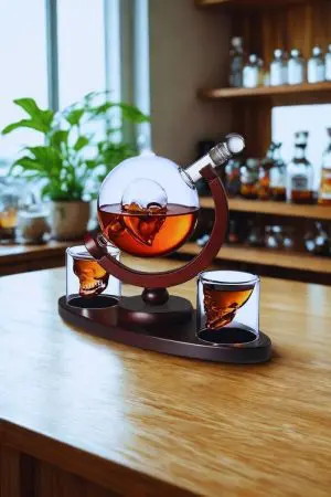 carafe à whisky globe crâne sur socle en bois sur comptoir avec deux verres