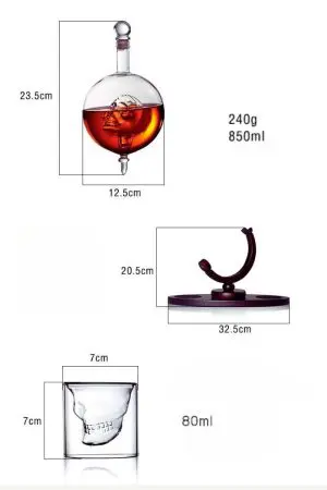 carafe à whisky globe crâne avec schéma de dimensions de la carafe, du socle et du verre
