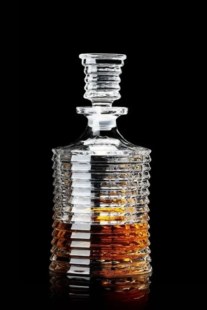 carafe à whisky en verre cannelé sur fond noir, partiellement remplie