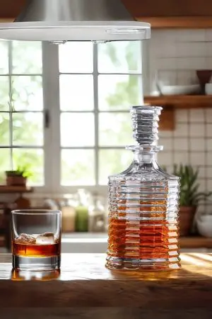 carafe à whisky en verre cannelé et verre tumbler avec glaçons sur comptoir en bois
