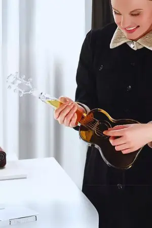 carafe guitare en verre remplie tenue par une personne