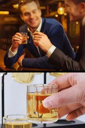 verre à whisky tumbler tenu en main — scène de dégustation au bar, boisson ambrée.