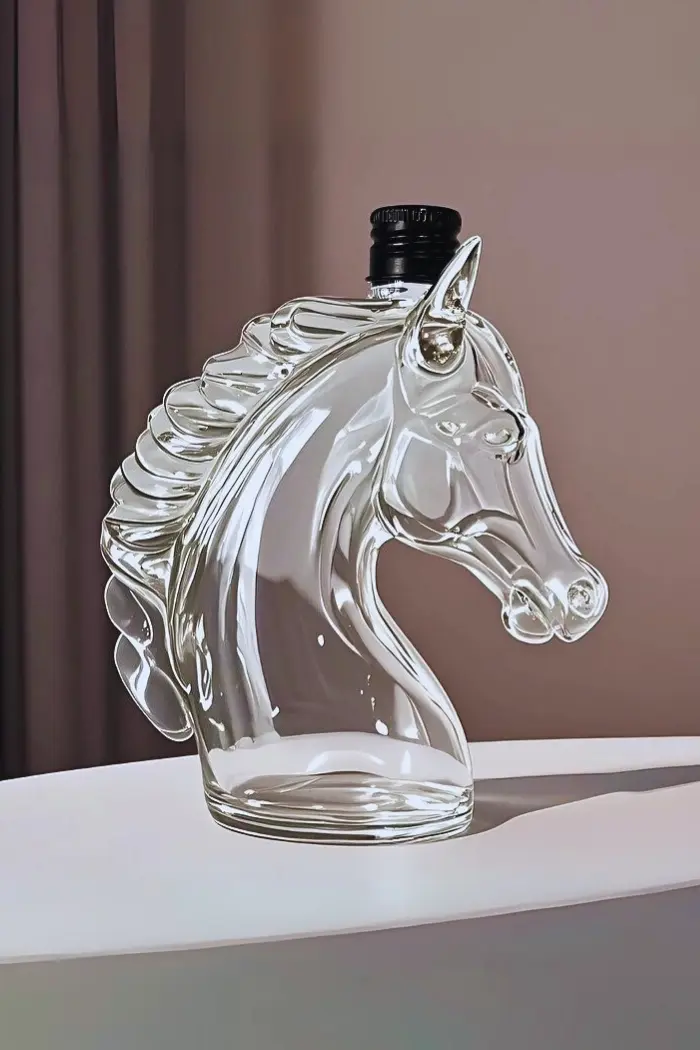 carafe à whisky tête de cheval en verre vide posée sur table blanche avec bouchon noir