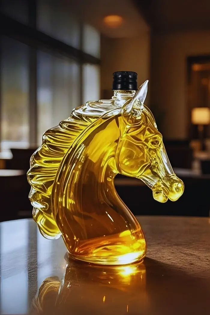 carafe à whisky tête de cheval remplie de liquide ambré posée sur table brillante