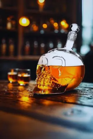 carafe à whisky tête de mort en verre inclinée avec bouchon, liquide ambré sur table