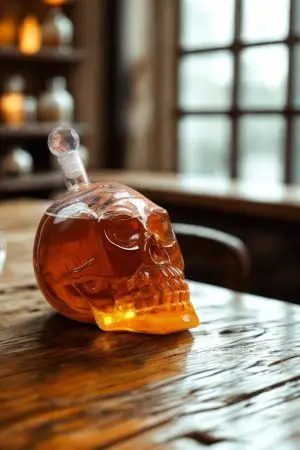 carafe à whisky tête de mort en verre couchée, bouchon facetté, liquide ambré