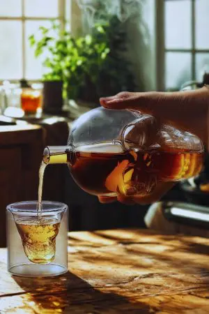 carafe à whisky tête de mort en verre versant un liquide ambré dans verre double paroi