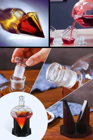montage carafe à whisky diamant : couchée, versement dans gobelet, bouchon, goulot et socle