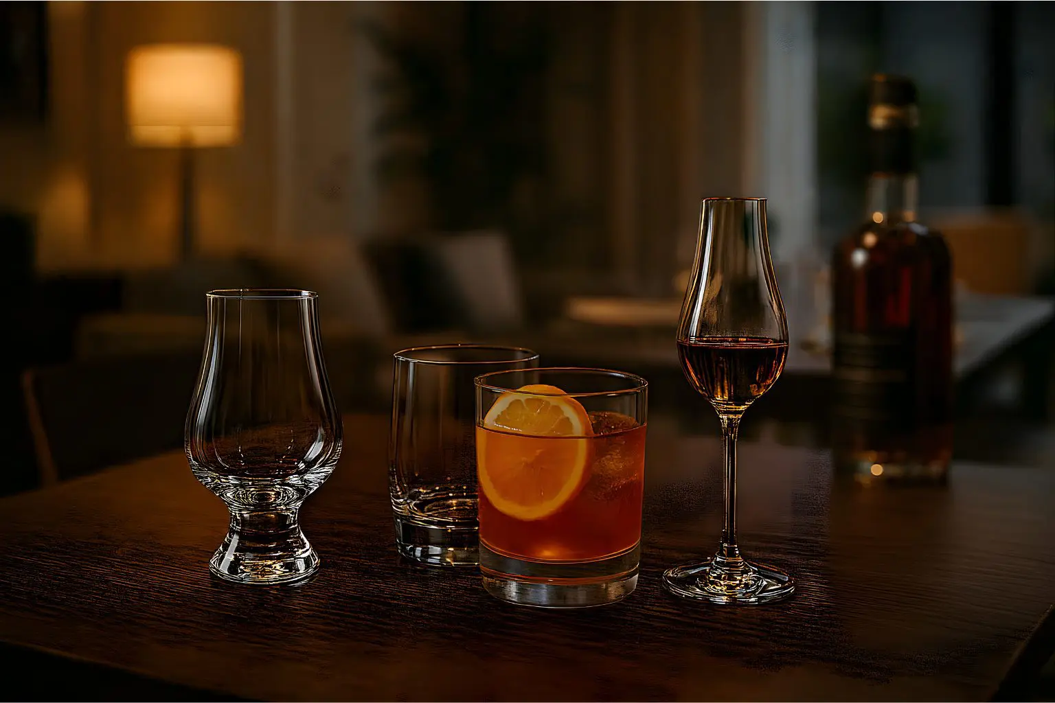 Différents verres à whisky alignés sur une table : Glencairn, tumbler vide, tumbler avec cocktail et verre copita, dans une ambiance chaleureuse.
