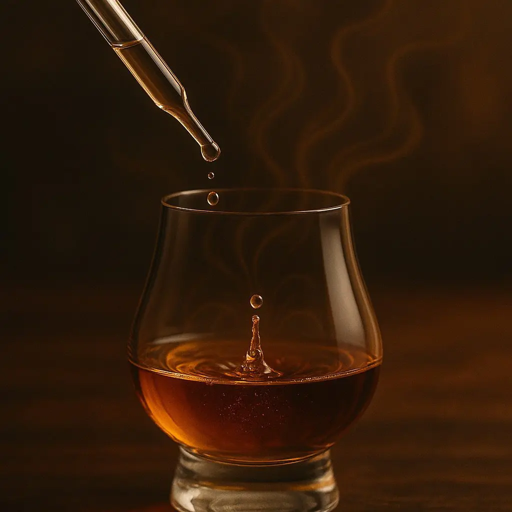 Gouttes d’eau tombant d’un compte-goutte dans un verre Glencairn rempli de whisky ambré.