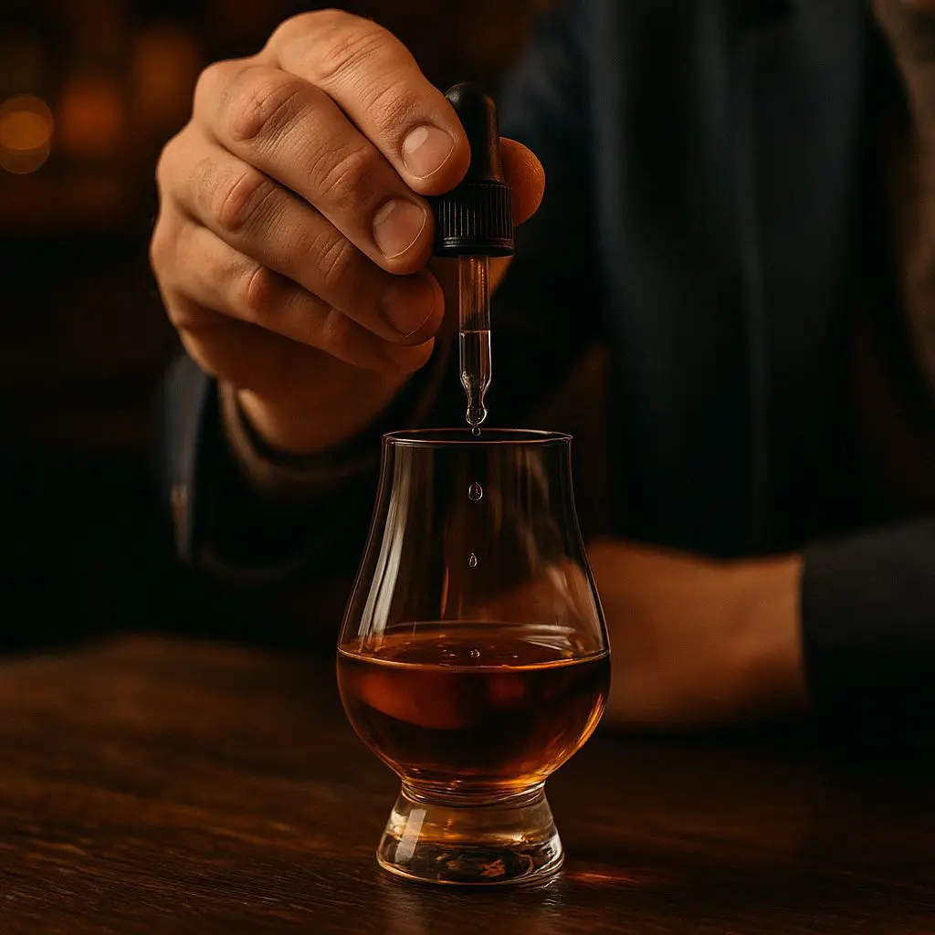 Main tenant un compte-goutte au-dessus d’un verre Glencairn rempli de whisky ambré.