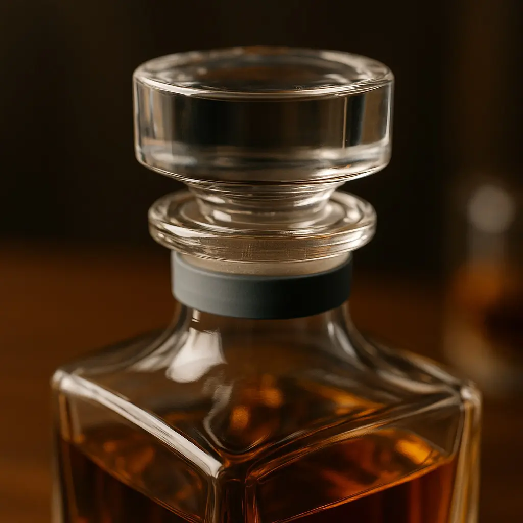 bouchon hermétique en verre avec joint en silicone sur une carafe à whisky remplie d’un whisky ambré