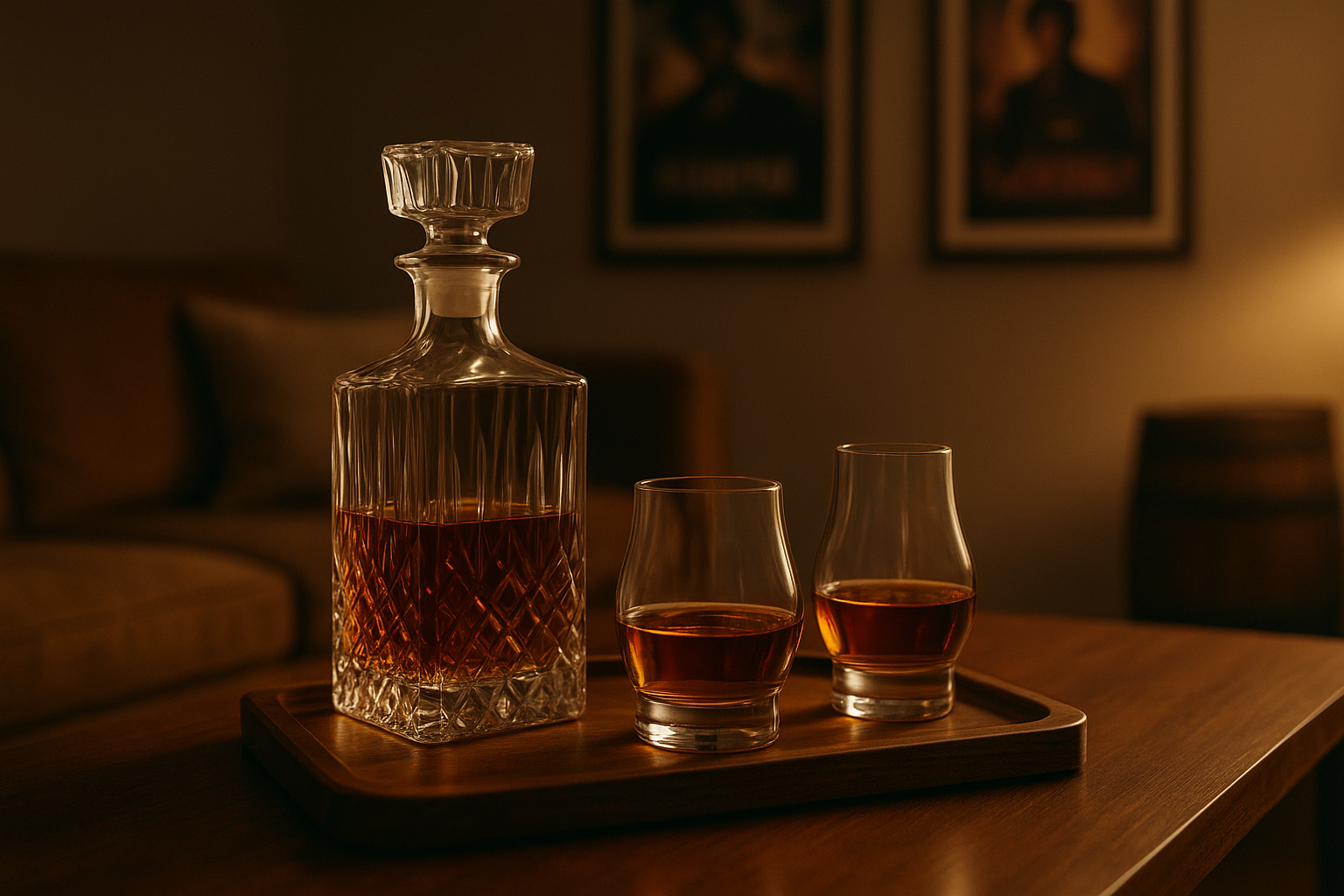 carafe à whisky en cristal avec deux verres remplis posés sur un plateau en bois dans une ambiance d’apéritif raffinée