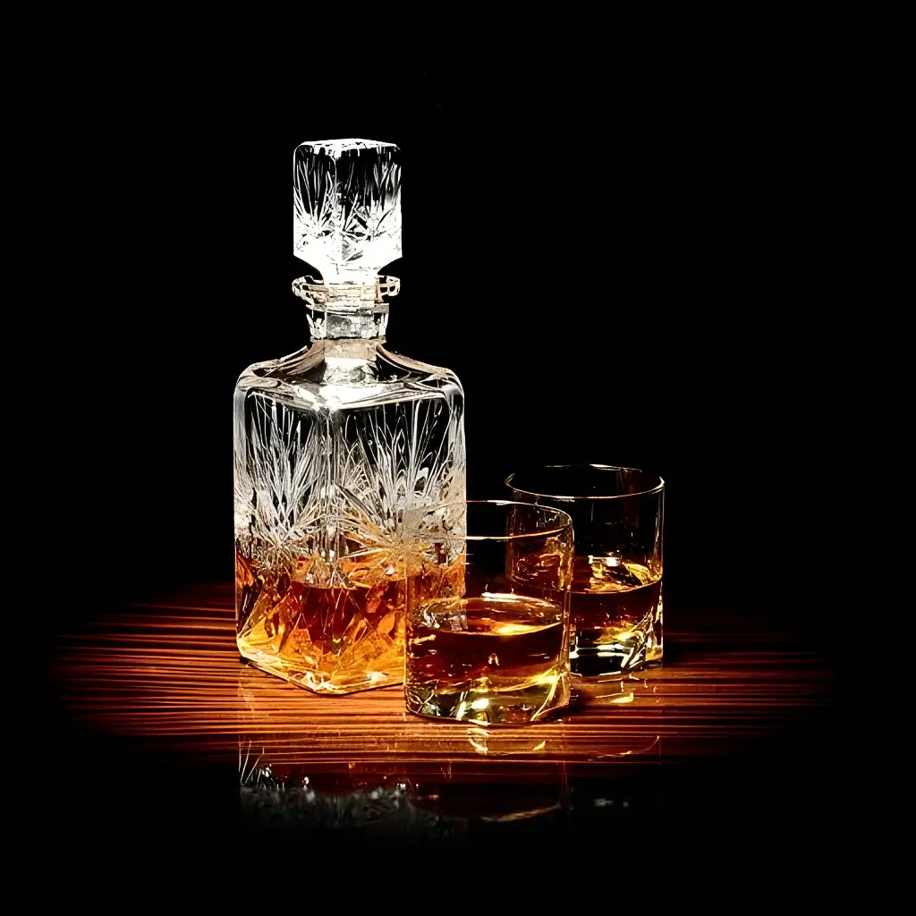 carafe à whisky en cristal avec deux verres à whisky remplis, posés sur une table en bois éclairée