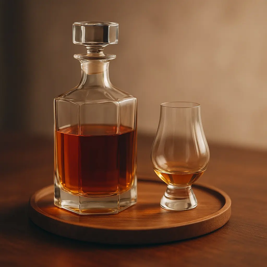 carafe à whisky moderne en verre transparent avec un verre Glencairn sur plateau en bois