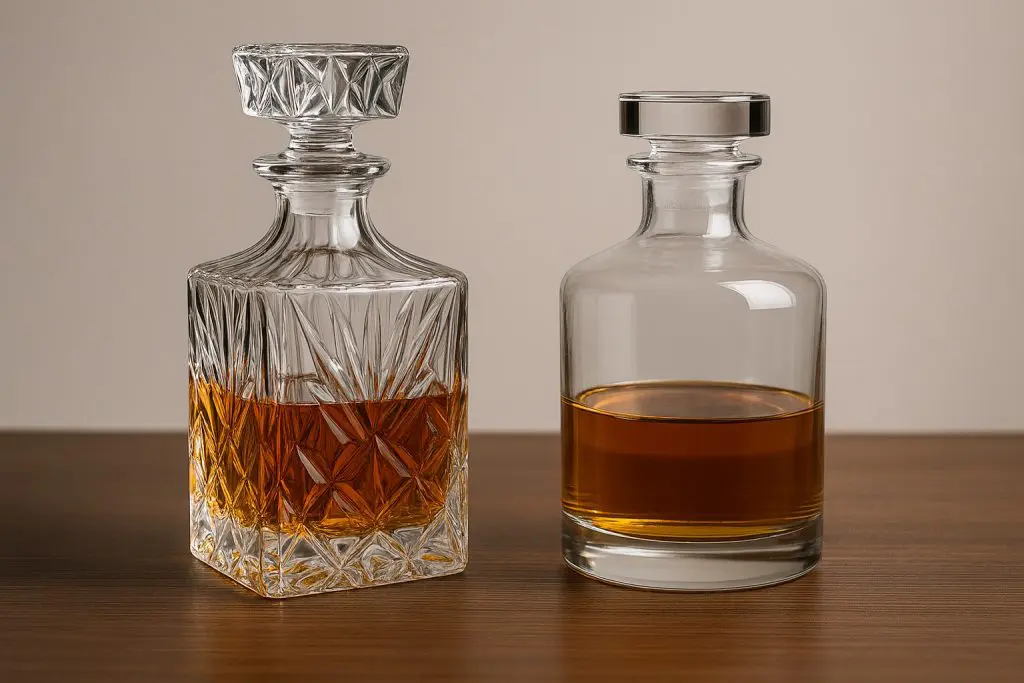 carafe à whisky en verre épais et carafe en cristal posées côte à côte sur une table en bois