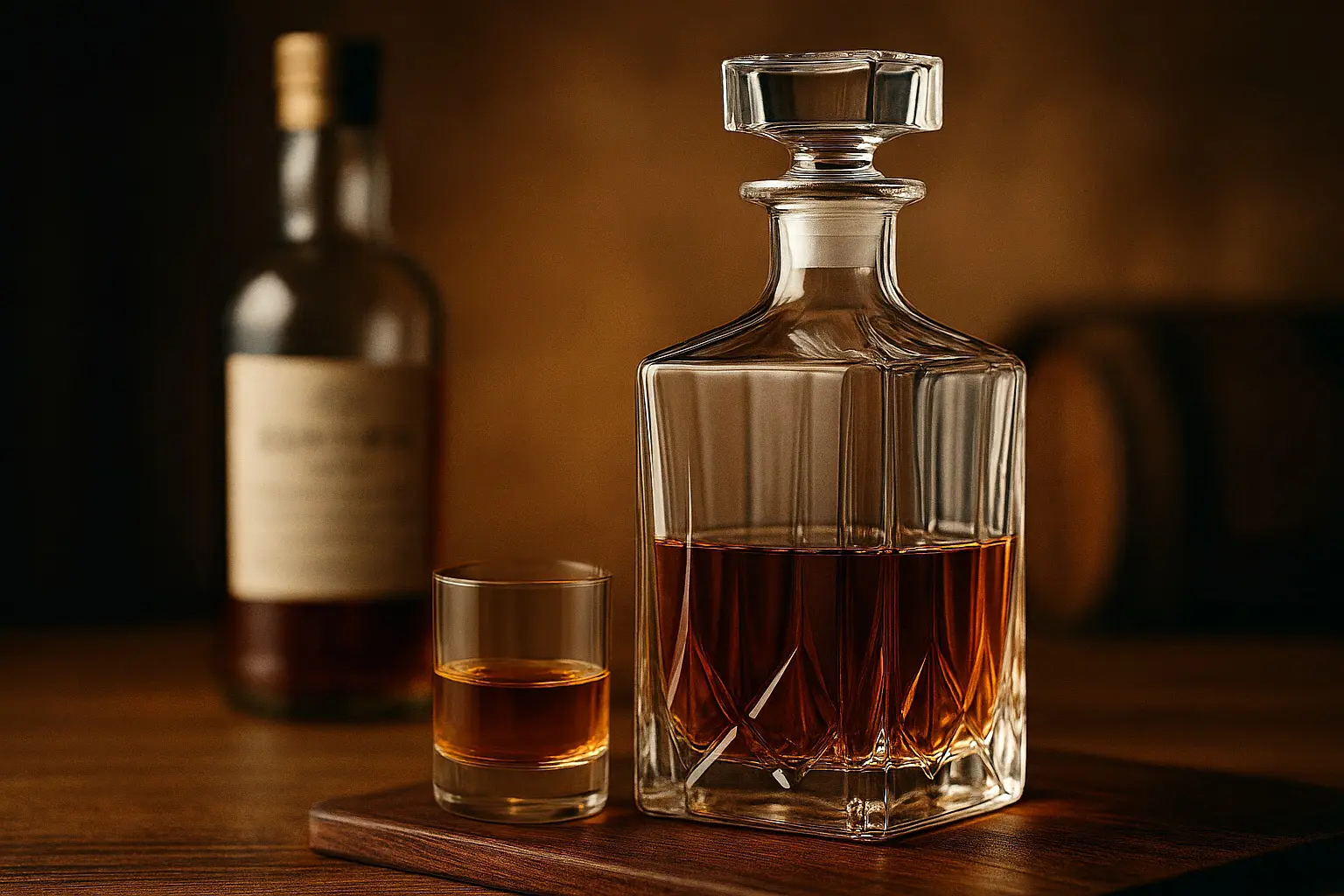 carafe à whisky en verre transparent avec whisky ambré posée à côté d’un verre et d’une bouteille floue à l’arrière-plan