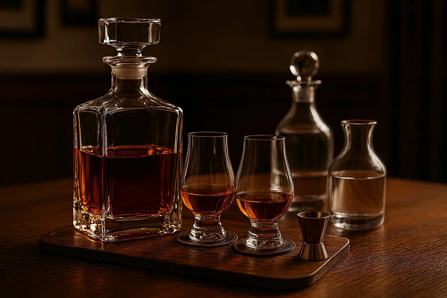 carafe à whisky en verre avec deux verres tulipe remplis de whisky sur un plateau en bois, accompagnés d’un doseur
