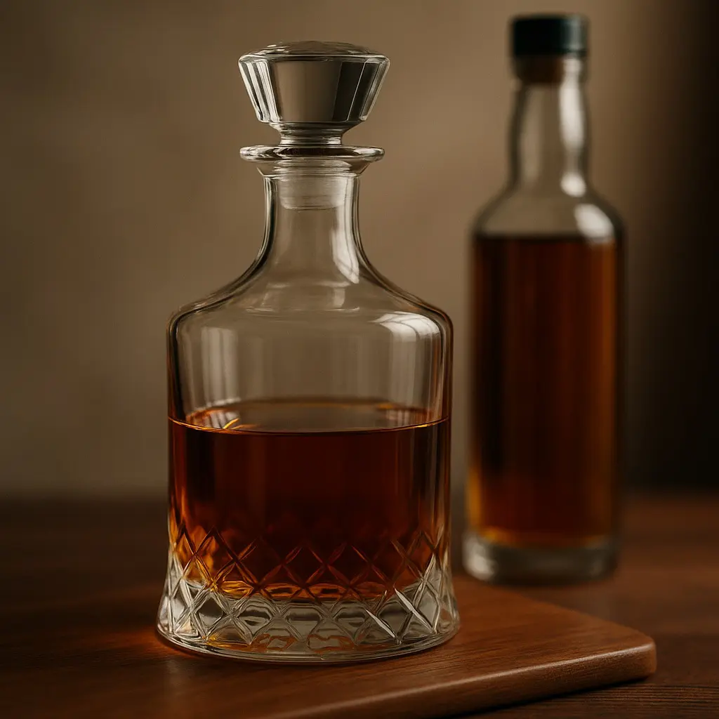 carafe à whisky en verre épais posée sur une planche en bois, à côté d’une bouteille droite