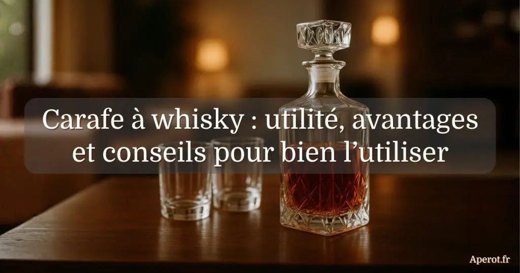 carafe à whisky élégante remplie de whisky ambré posée sur une table avec deux verres dans une ambiance chaleureuse