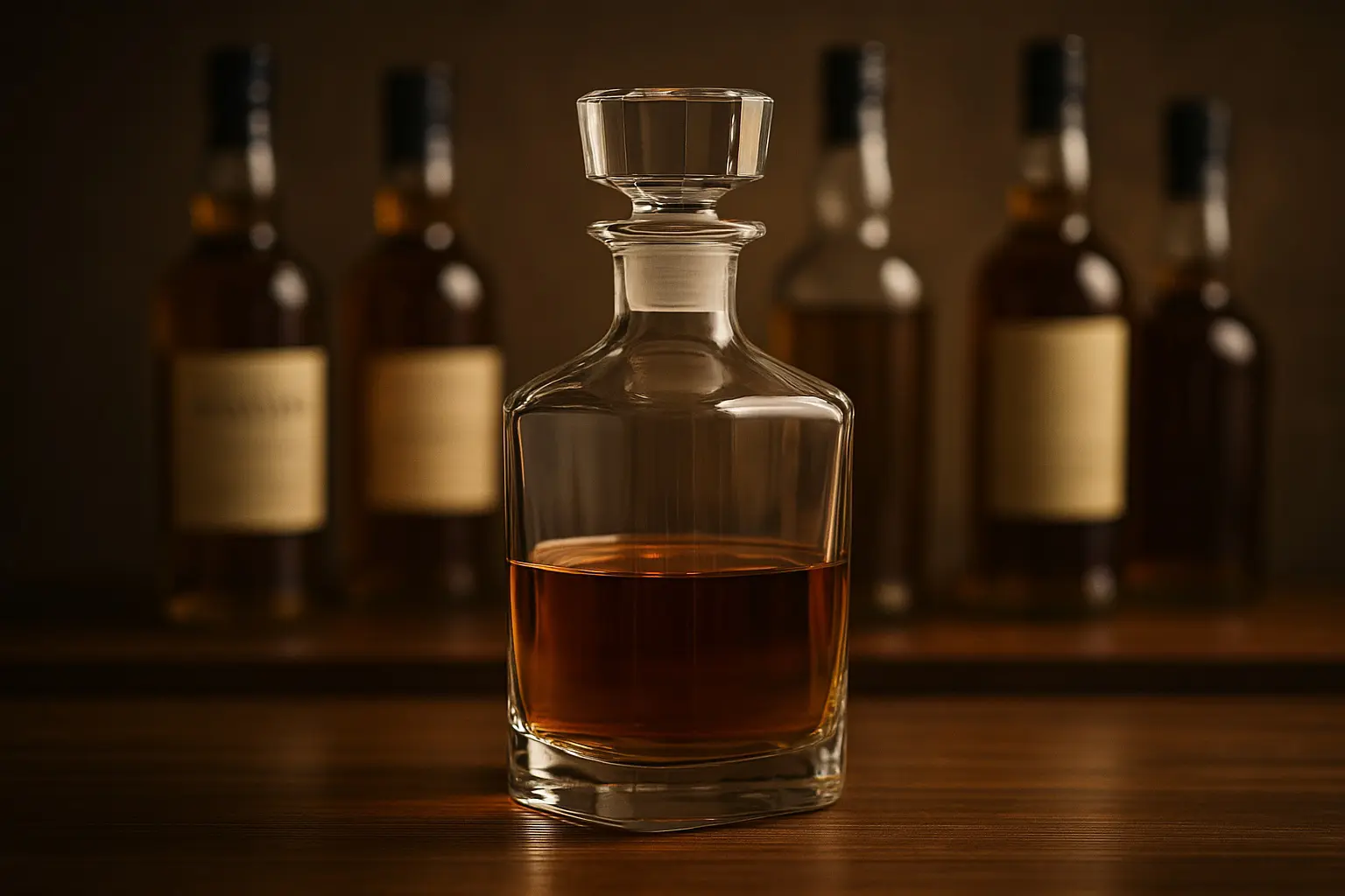 carafe à whisky remplie de blend maison placée devant plusieurs bouteilles de whisky sur fond boisé