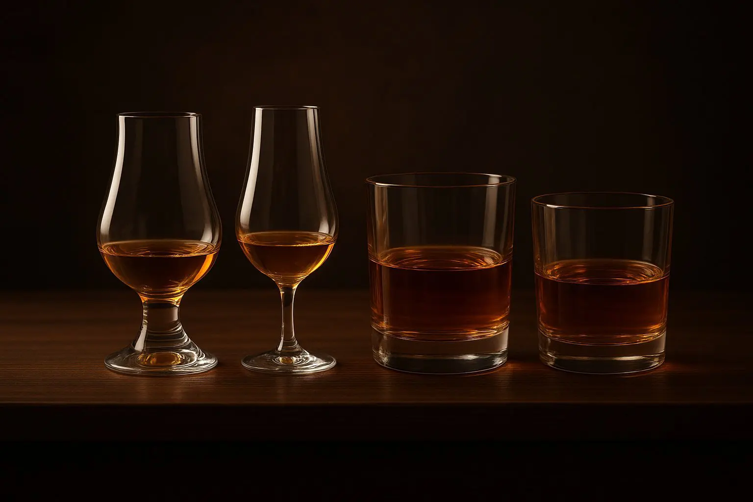 Sélection de verres à whisky incluant Glencairn, Copita et Tumblers, alignés avec du whisky ambré.