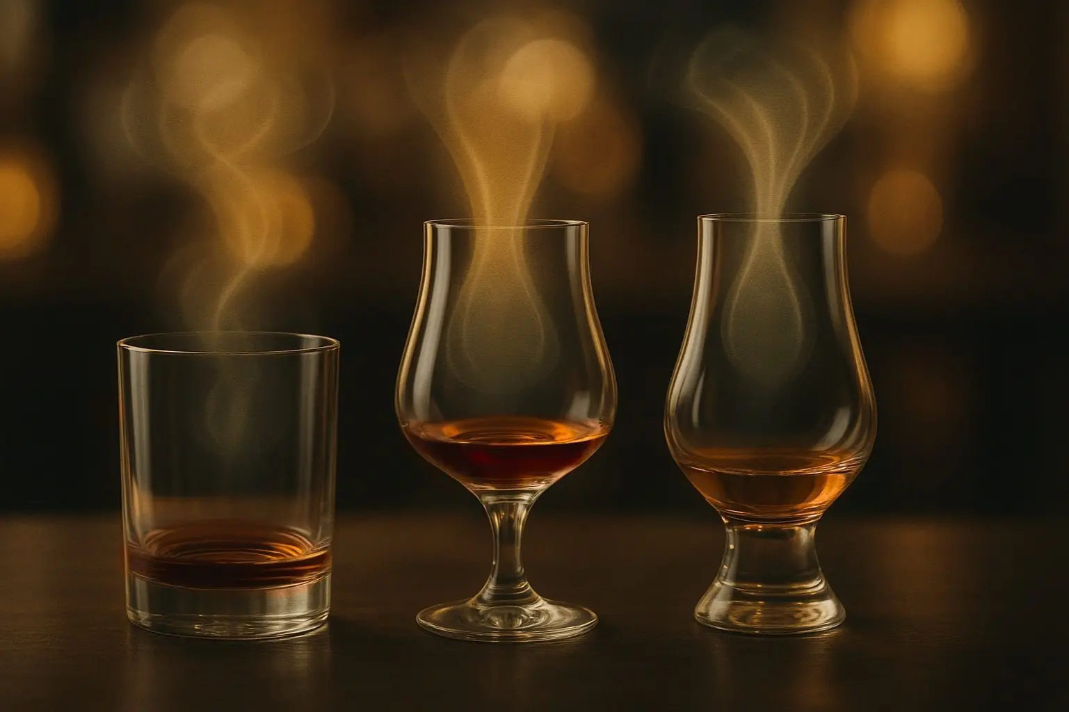 Trois verres d’apéritif contenant du whisky — un tumbler, un verre tulipe et un verre Glencairn — avec une visualisation stylisée de la diffusion des arômes au-dessus de chaque verre.