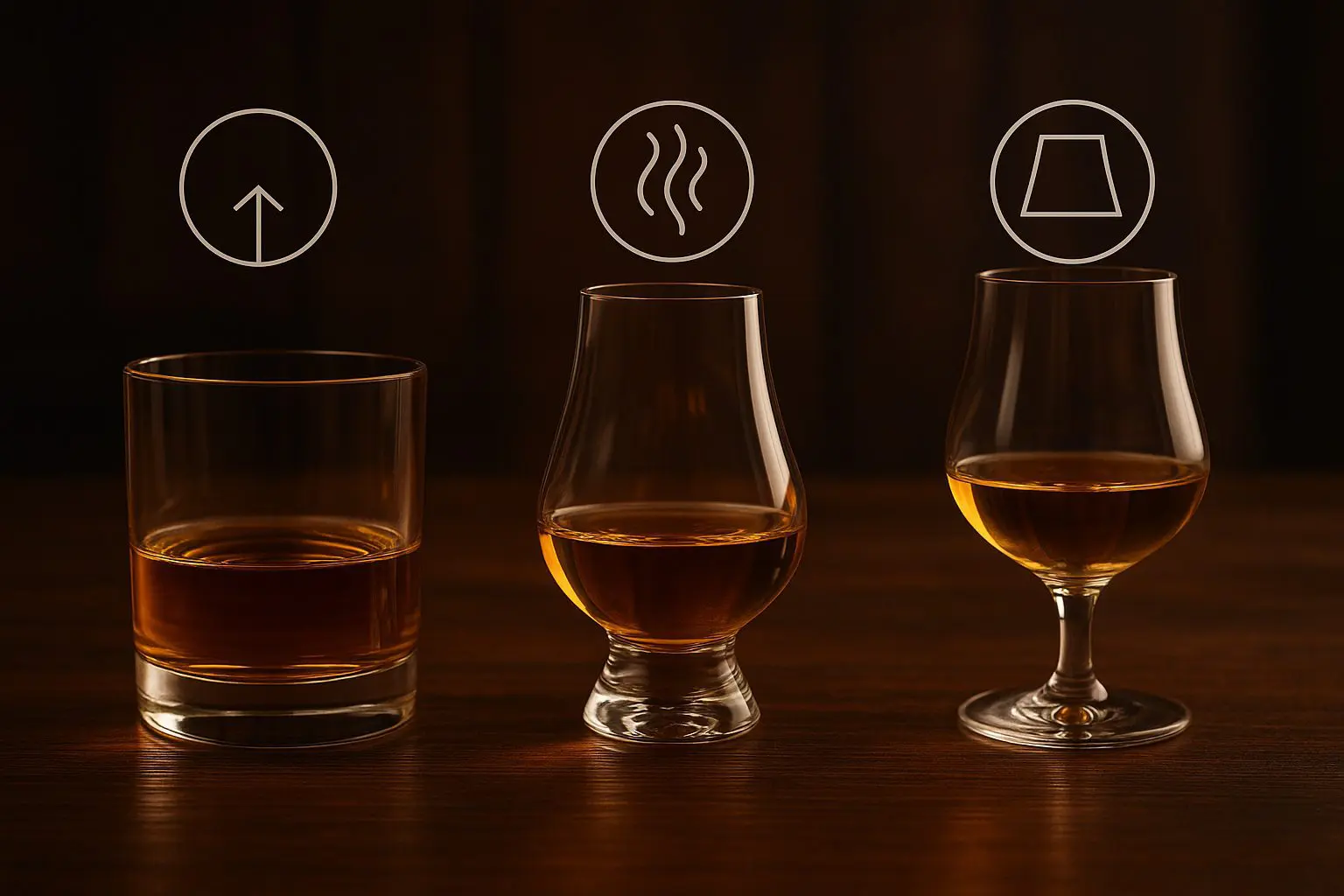 Trois verres remplis de whisky — un tumbler, un verre Glencairn et un verre tulipe à pied — alignés sur une table, avec des icônes illustrant la diffusion des arômes au-dessus de chaque verre.