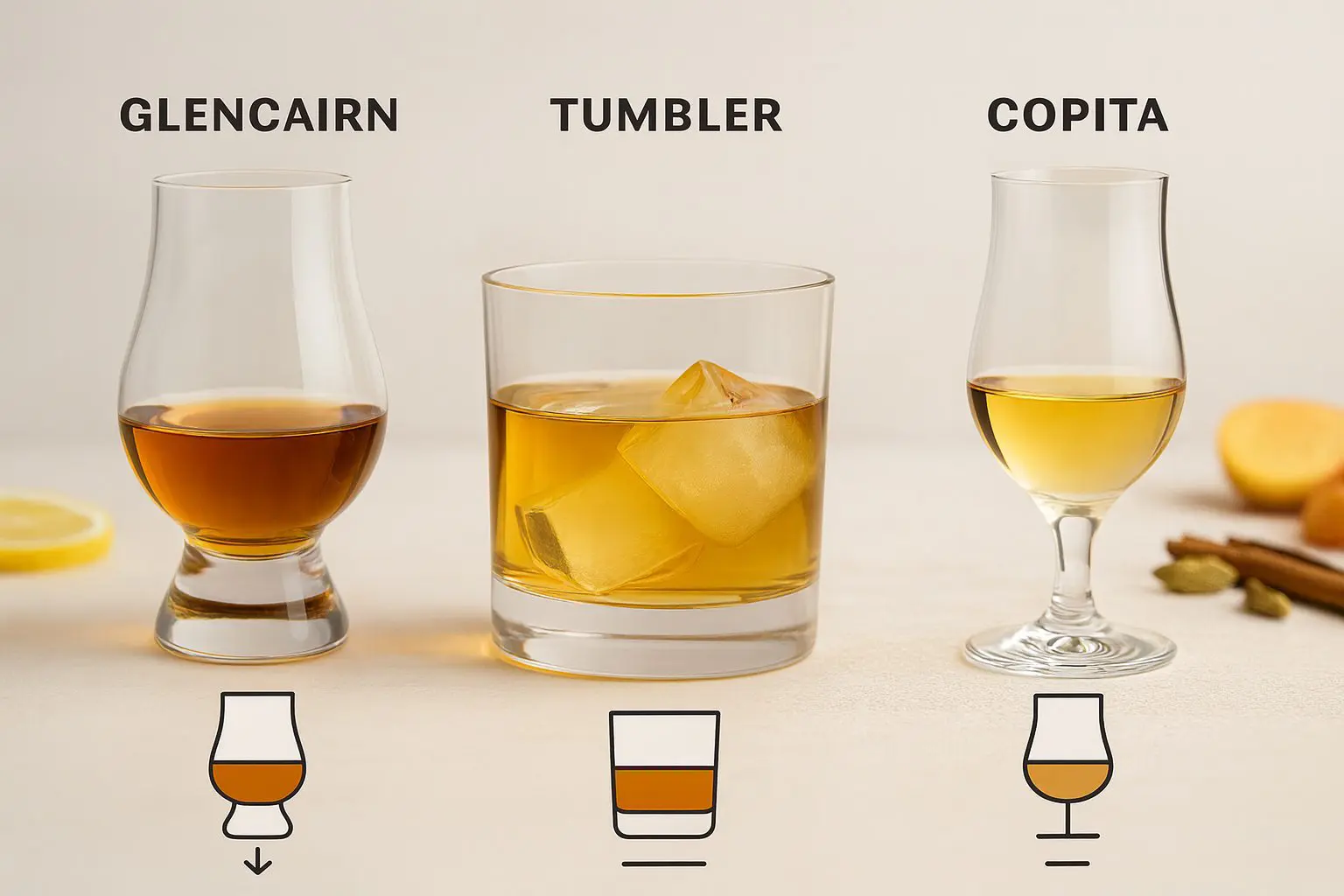Comparatif des formes de verres à whisky : Glencairn, Tumbler et Copita, montrant leurs différences de taille, d’ouverture et d’usage.
