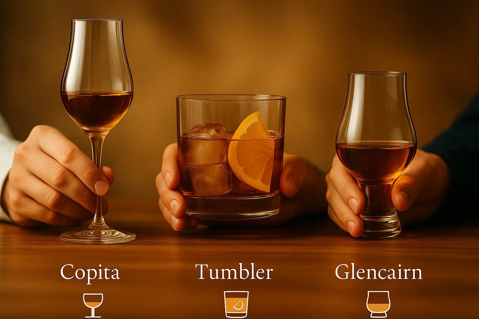 Comparatif de prise en main entre trois verres à whisky : copita, tumbler avec glaçons et tranche d’orange, et verre Glencairn.