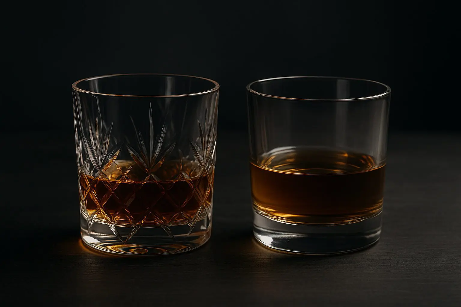 Comparatif entre un verre à whisky en cristal taillé et un verre tumbler classique, chacun rempli de whisky ambré.