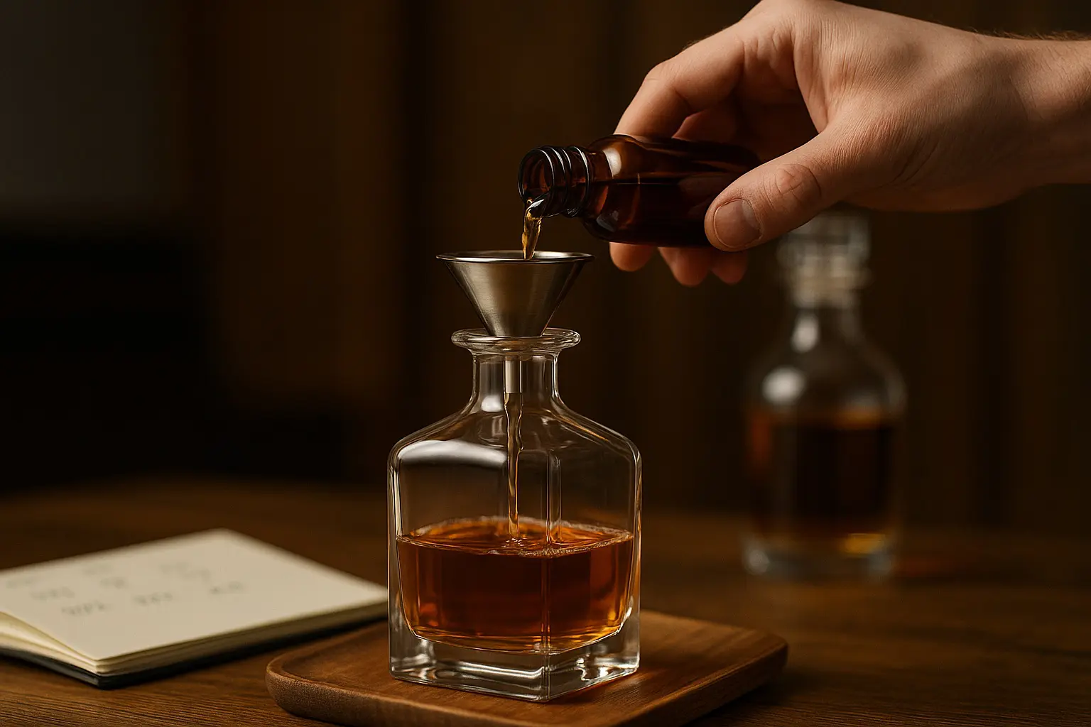 main versant du whisky dans une carafe en verre à l’aide d’un entonnoir pour créer un blend personnalisé