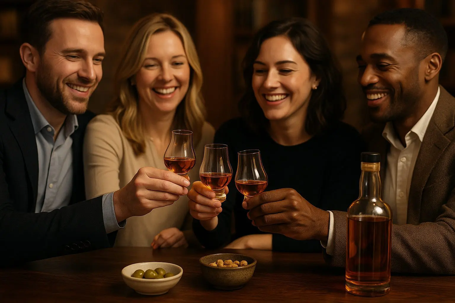 Groupe d’amis trinquant avec des verres Glencairn remplis de whisky lors d’une dégustation conviviale