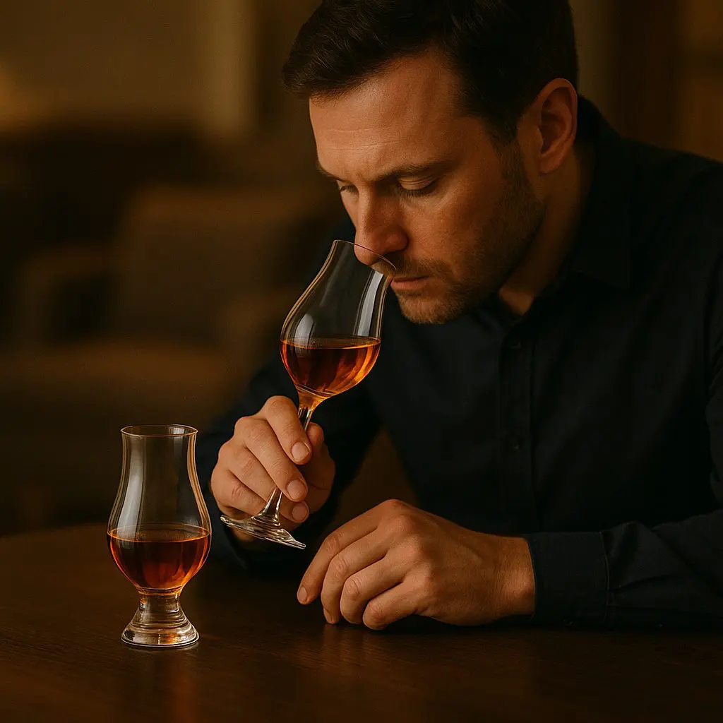 Homme en train de sentir un whisky dans un verre tulipe, avec un second verre Glencairn posé sur la table, dans une ambiance chaleureuse.