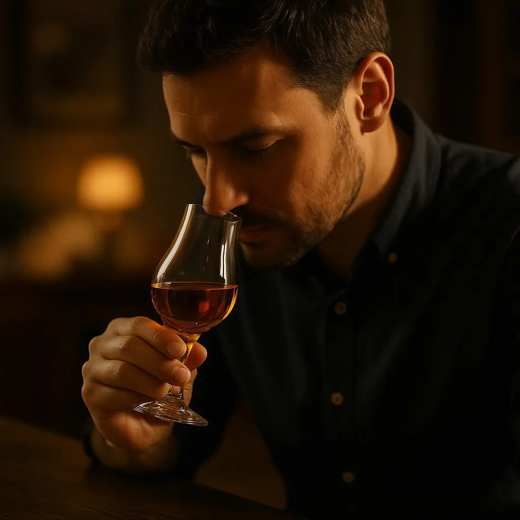 Deux personnes tenant des verres tumbler remplis de whisky avec des glaçons, posés sur une table en bois.