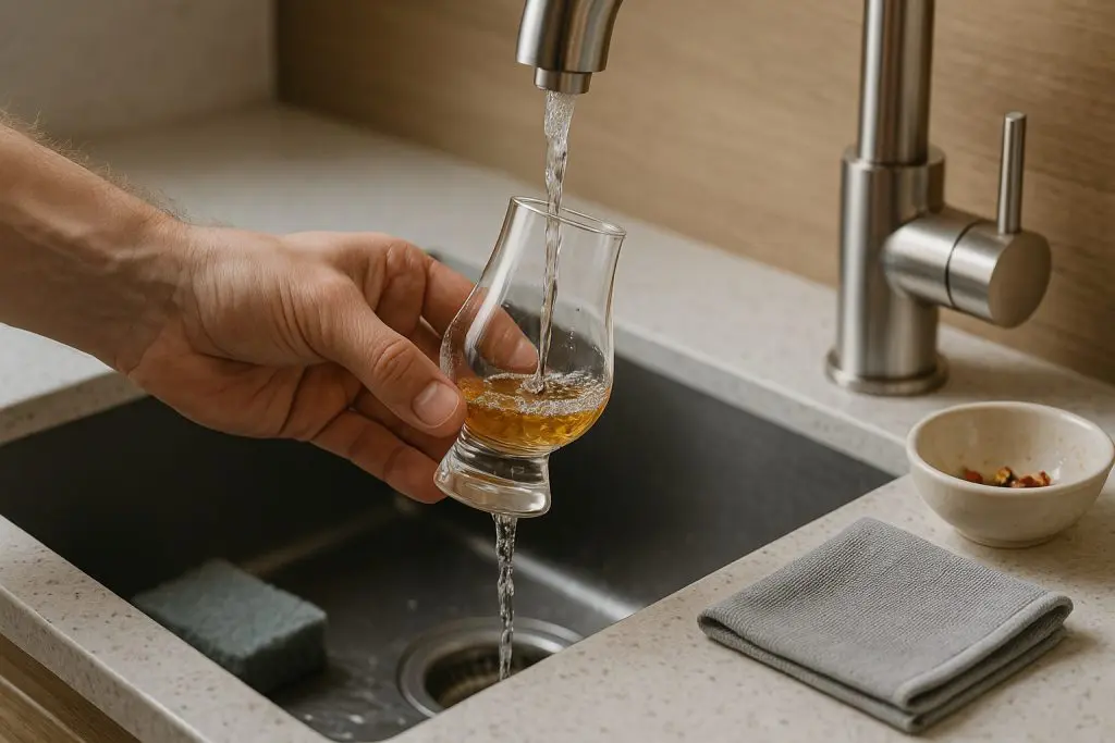 Main rinçant un verre Glencairn sous un robinet avec de l’eau tiède pour un nettoyage délicat