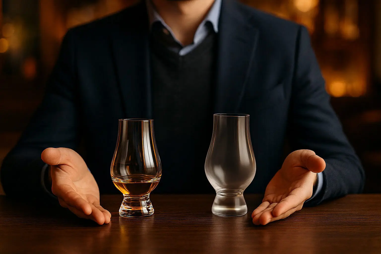 Deux verres Glencairn posés sur une table, l’un en cristal rempli de whisky et l’autre en verre borosilicate dépoli, présentés par une personne en costume.